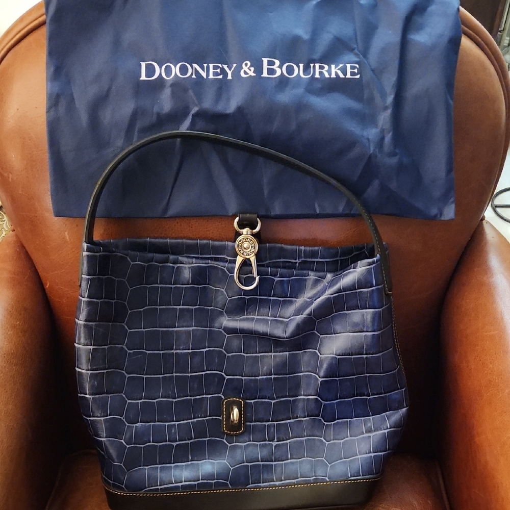 Dooney & Bourke Blue Croco Embossed Leather Logo Lock Hobo Bag